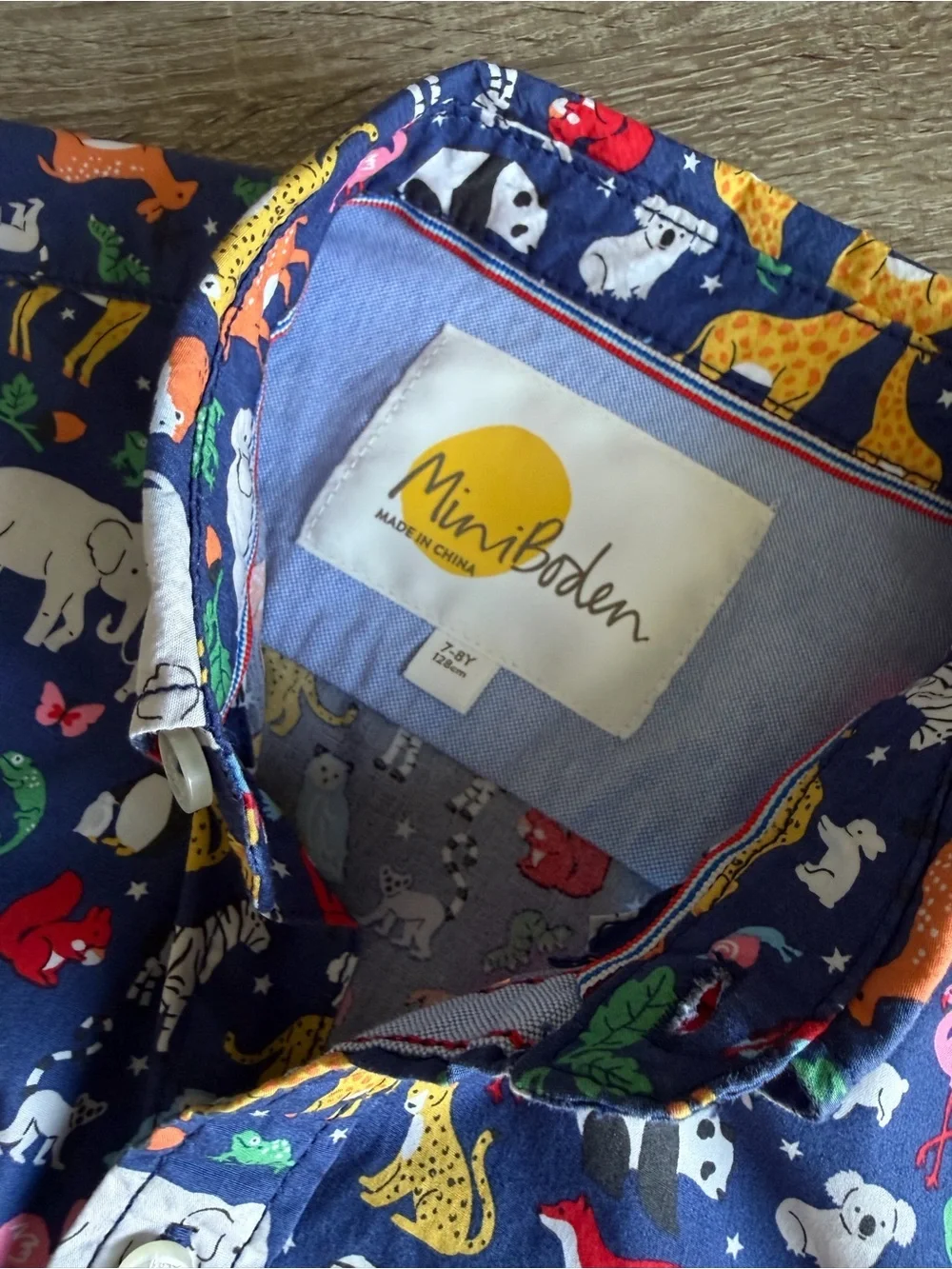 Mini Boden Navy Shirt with Colorful Animal Print 7-8